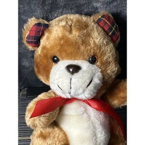 Vtg Superior Toy And Novelty Plush Brown Teddy Bear Plaid Tartan Red Ribbon Bow